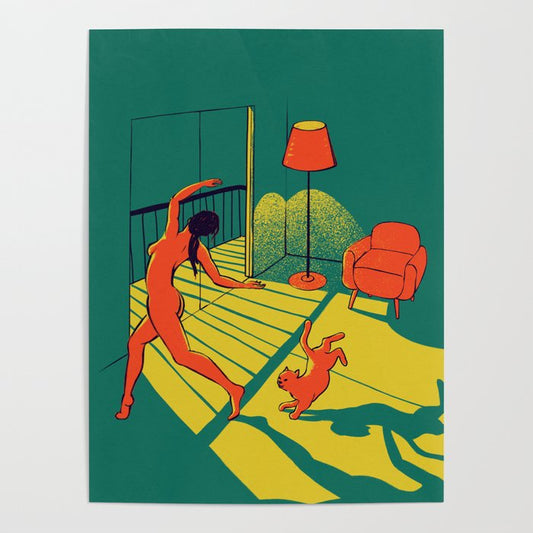 Dancing with the cat | Moody sunset light and shadows Aesthetic Green room Naked dance Femme Fatale Poster Gallery Image 2