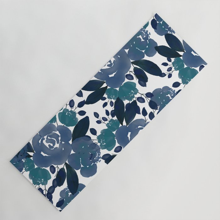 Watercolor navy blue mauve green blue roses flowers Yoga Mat Gallery Image 1