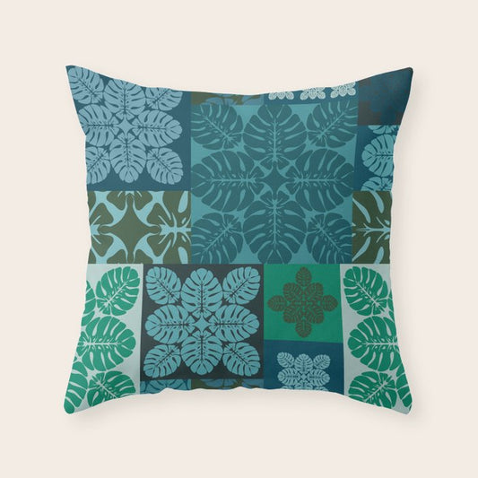 Hawaiian Monstera Quilt pattern Blues Throw Pillow Gallery Image 2
