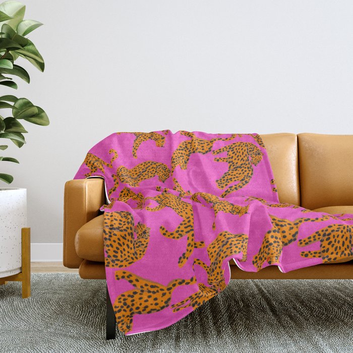 Abstract leopard with red lips illustration in fuchsia background Throw Blanket Gallery Image 2