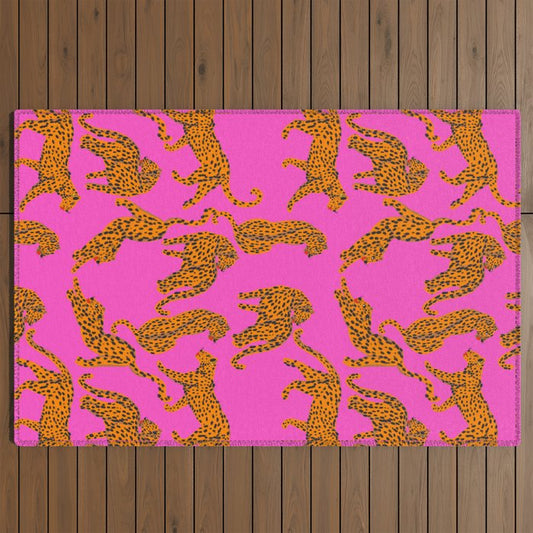 Abstract leopard with red lips illustration in fuchsia background Outdoor Rug Gallery Image 2
