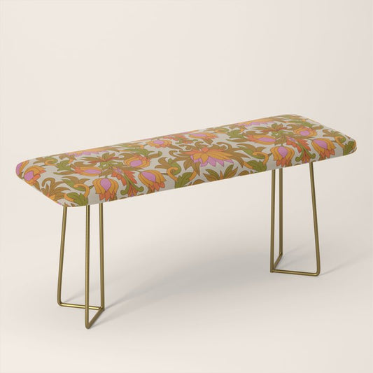 Orange, Pink Flowers and Green Leaves 1960s Retro Vintage Pattern Bench Gallery Image 2