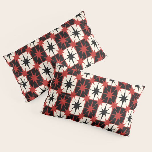 Mid Century Modern Atomic Stars Retro Checkered Starburst Pattern Black Cream Red Pillow Sham Gallery Image 2