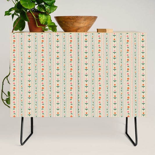 Vintage colorful flower stripe art pattern Credenza Gallery Image 2