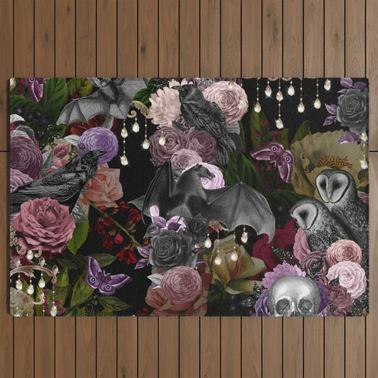 Vintage Floral Gothic and Bat Halloween Outdoor Rug Gallery Image 2