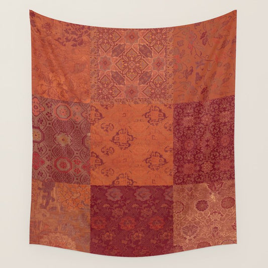 Vintage Bohemian Quilt in Burnt Orange Wall Tapestry Gallery Image 2