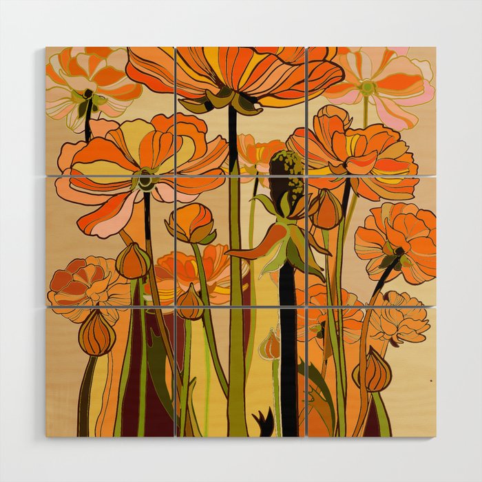 70s, Orange California poppies, mid century, 70s retro, flowers Wood Wall Art Gallery Image 3
