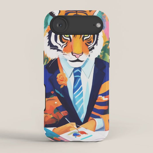 Tiger In a Suit, Wild Animals Tropical Jungle Fashion, Cheetah Leopard Anthropomorphism Eclectic, Bohemian Contemporary Maximalist Colorful Botanical iPhone Case Gallery Image 2
