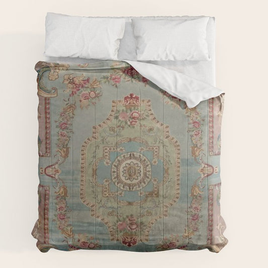 Antique French Rose Blue Aubusson Comforter Gallery Image 2