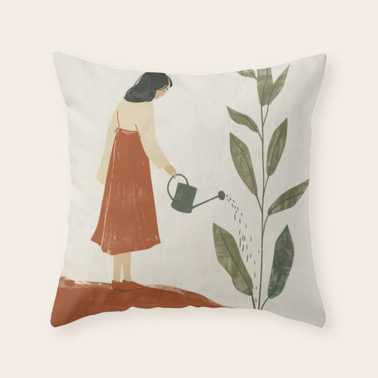 Still Life with Girl and Growing Plant Throw Pillow Gallery Image 2