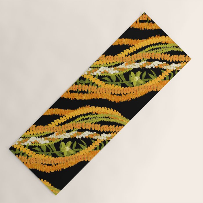 Diagonal Lei Pikake and Orange Lokelani Ti Leaf Puakenikeni Lantern Ilima Yoga Mat Gallery Image 1