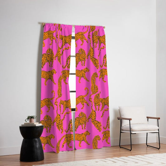 Abstract leopard with red lips illustration in fuchsia background Window Curtain Gallery Image 2