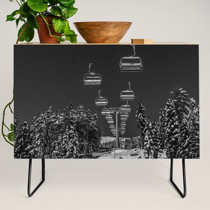 Winter ski slope chair lift amid frozen rime and ice of mountain woods beautiful landscape black and white photograph - photography - photographs Credenza Gallery Image 2