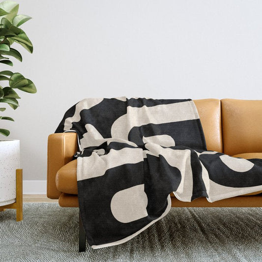 Mid Century Modern Piquet Abstract Pattern in Black and Almond Cream Throw Blanket Gallery Image 2