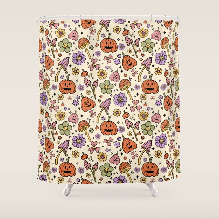 Whimsical Halloween Pattern Cute Pumpkins Mushrooms and Flowers in Pastel Autumn Colors Shower Curtain Gallery Image 1