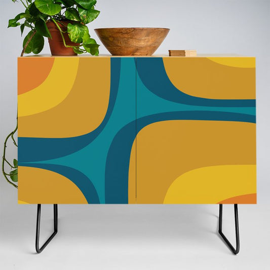 Retro Groove Mustard Teal - Minimalist Mid Century Abstract Pattern Credenza Gallery Image 2