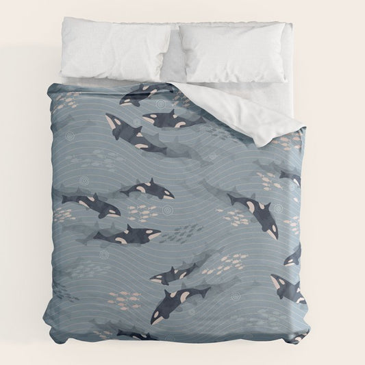 Orca in Motion / blue-gray ocean pattern Duvet Cover Gallery Image 2