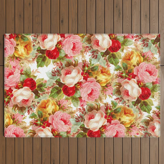Boho chic pink yellow red roses floral vintage painting Outdoor Rug Gallery Image 2