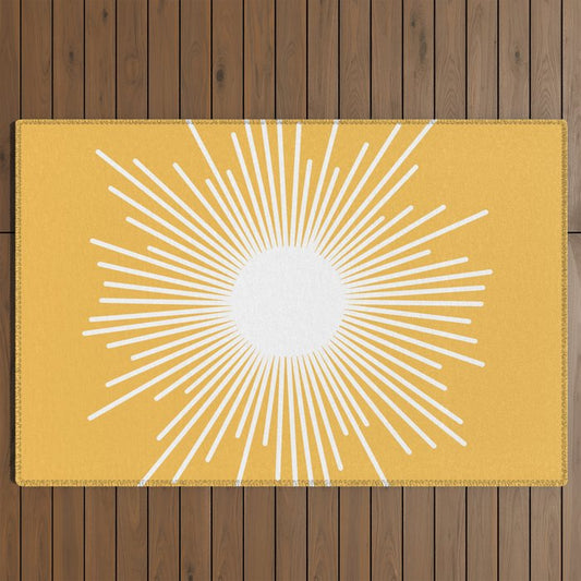 Mid Century Modern Sunburst - Minimalist Sun in Mustard Marigold Yellow and White Outdoor Rug Gallery Image 2