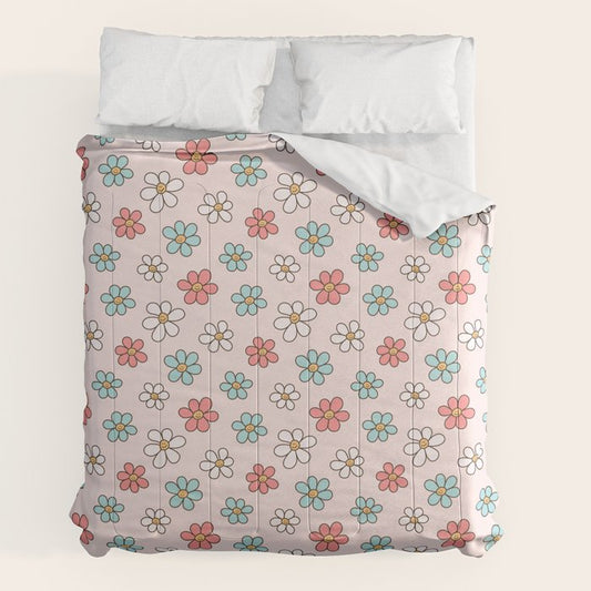 Happy Daisy Pattern, Cute and Fun Smiling Colorful Daisies Comforter Gallery Image 2