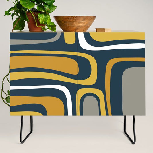 Palm Springs Mid-Century Modern Abstract Pattern in Light and Dark Mustard, Gray, and White on Navy Blue Credenza Gallery Image 2