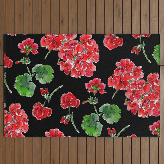 Red Geranium with black background Outdoor Rug Gallery Image 2