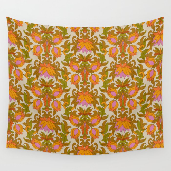 Orange, Pink Flowers and Green Leaves 1960s Retro Vintage Pattern Wall Tapestry Gallery Image 3