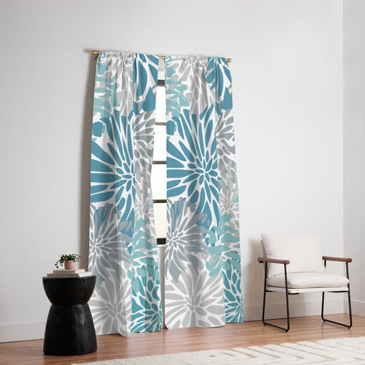 Chic, Flowers Print, Grey, Teal, Turquoise Window Curtain Gallery Image 2