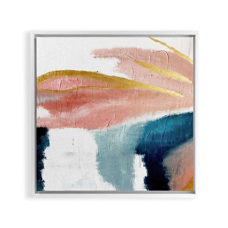Exhale: a pretty, minimal, acrylic piece in pinks, blues, and gold Framed Canvas Print Gallery Image 36
