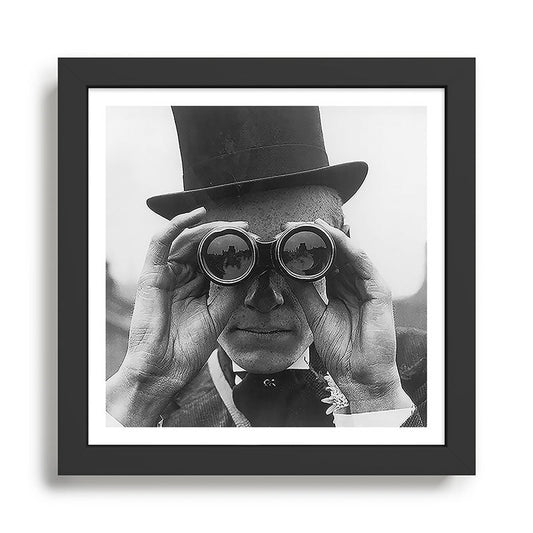 Derby Spectator watching ponies with opera glasses black and white photograph - photography - photographs Framed Art Print Gallery Image 2