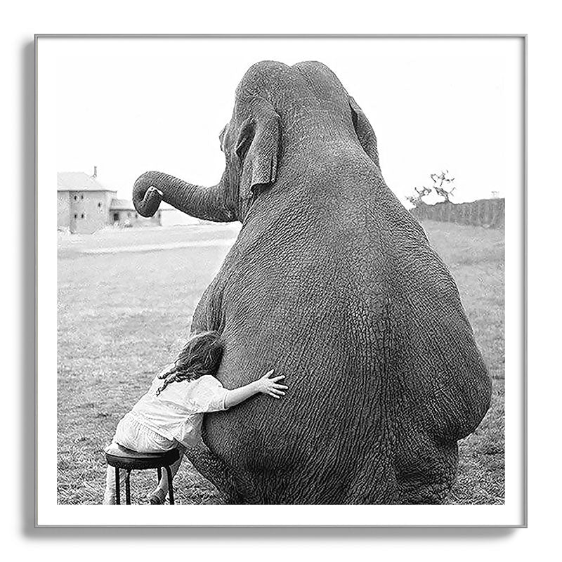 Odd Best Friends, Sweet Little Girl hugging elephant black and white photograph Framed Art Print Gallery Image 142