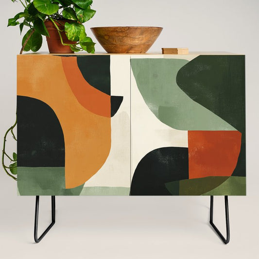 Earthy Mid-Century Abstract Composition in Olive, Rust, and Charcoal Tones Credenza Gallery Image 2