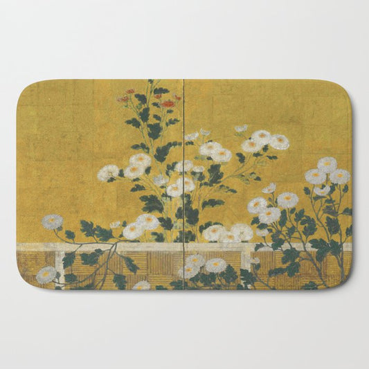 Red and White Chrysanthemums Vintage Japanese Gold Leaf Screen Bath Mat Gallery Image 2