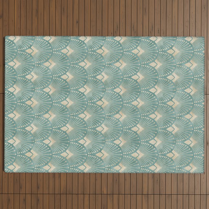 Art Deco Fans Pattern in Teal Outdoor Rug Gallery Image 4