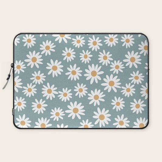 Daisies - daisy floral repeat, daisy flowers, 70s, retro, black, daisy florals dusty blue Laptop Sleeve Gallery Image 2