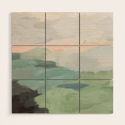 Farmland Sunset II - Seafoam Green Mint Black Blush Pink Abstract Nature Land Art Painting Wood Wall Art Gallery Image 2