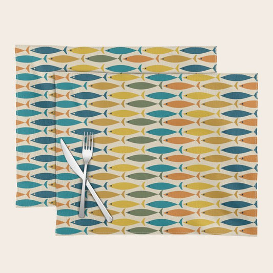 Mid-Century Modern Fish Stripes in Moroccan Teal, Green, Orange, Mustard, and Cream Placemat Gallery Image 2