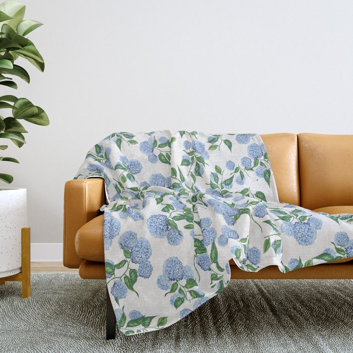 Hydrangea blue flowers, botanicals, blue and white floral Throw Blanket Gallery Image 2