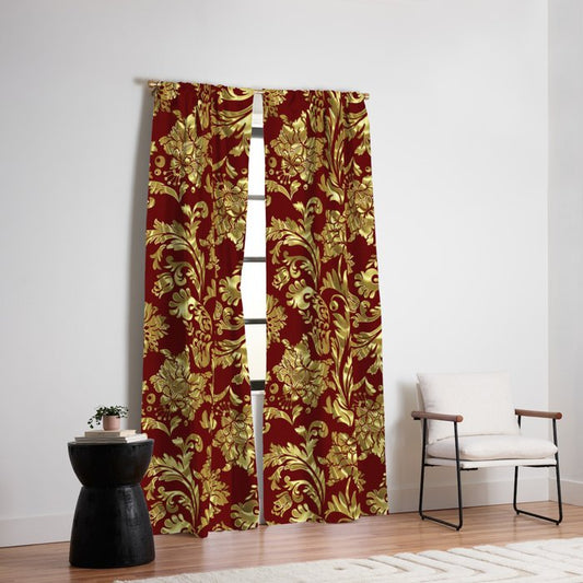 Red & Gold Floral Damasks Pattern Window Curtain Gallery Image 2