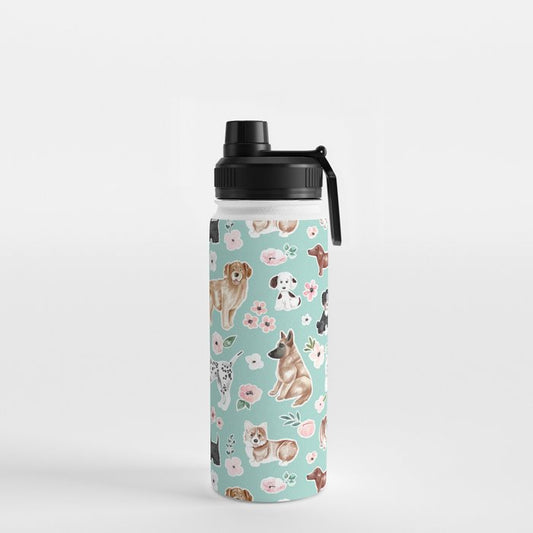 Cute Dogs on Aqua Blue, Dogs and Flowers, Pet Painting, Cute Animals, Golden Retriever, Dachshund, Corgi, Bulldog, Dalmation Water Bottle Gallery Image 2