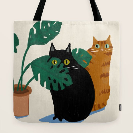 Black cat & orange tabby cat with Monstera plant Tote Bag Gallery Image 2