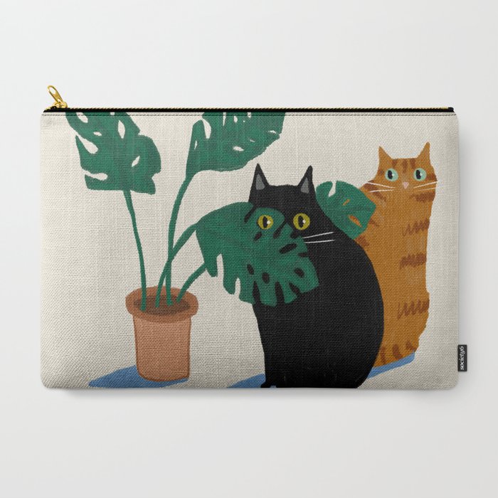 Black cat & orange tabby cat with Monstera plant Carry All Pouch Gallery Image 3