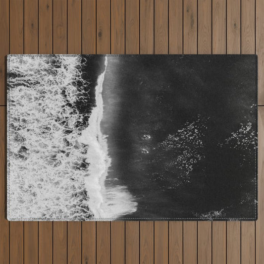 Surfer girls from above in Ericeira Portugal | Ocean wanderlust photography black and white print Outdoor Rug Gallery Image 2