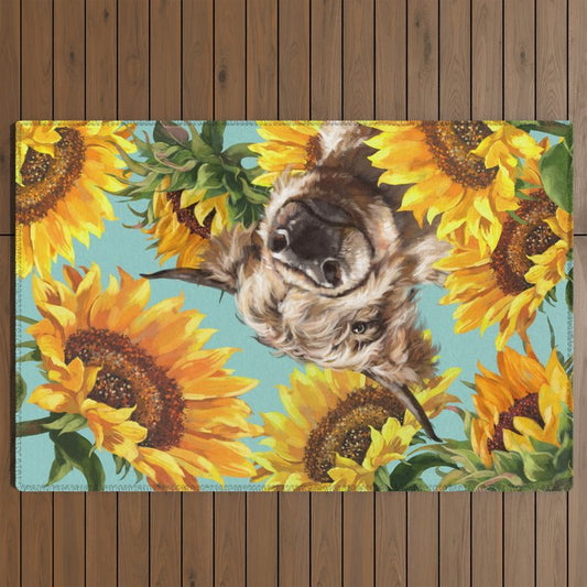 Highland Cow with Sunflowers in Blue Outdoor Rug Gallery Image 2
