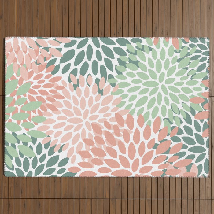 Festive, Abstract Floral Prints, Coral and Green Outdoor Rug Gallery Image 4