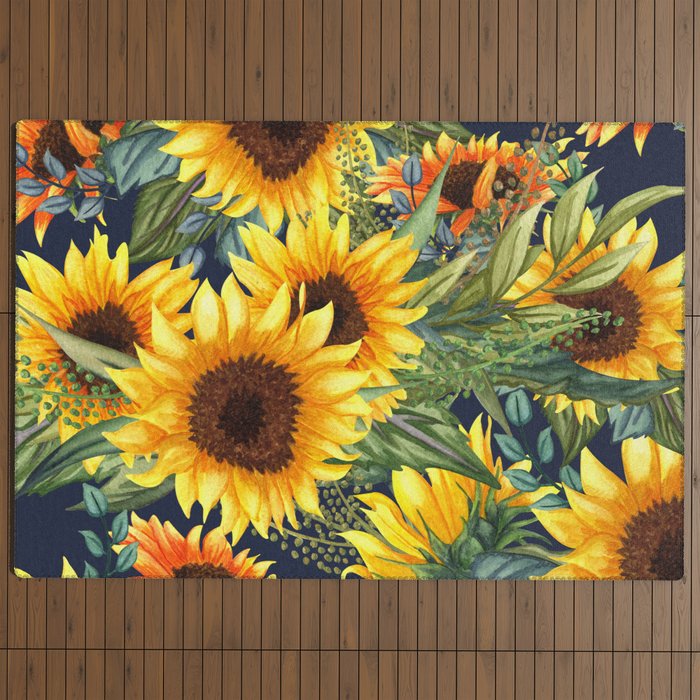 Festive, Sunflower, Yellow and Green on Navy Blue, Floral Prints Outdoor Rug Gallery Image 4