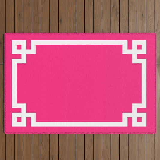 Light Hot Pink and White Greek Key Outdoor Rug Gallery Image 2
