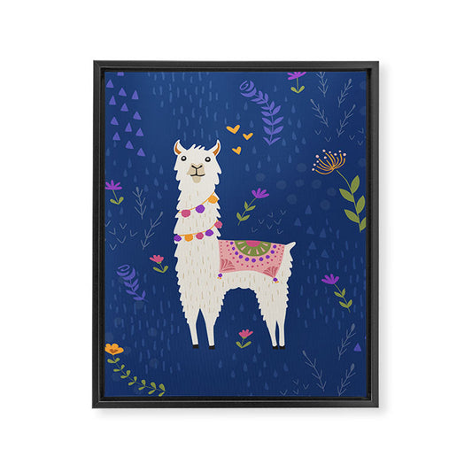 Llama on Blue Framed Canvas Print Gallery Image 2