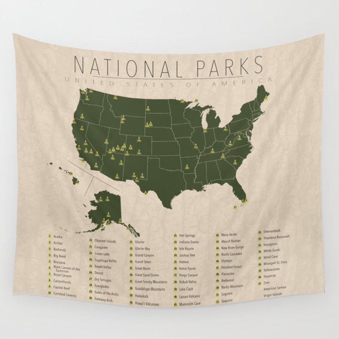 US National Parks w/ State Borders Wall Tapestry Gallery Image 2
