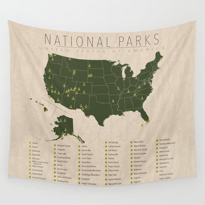 US National Parks w/ State Borders Wall Tapestry Gallery Image 2